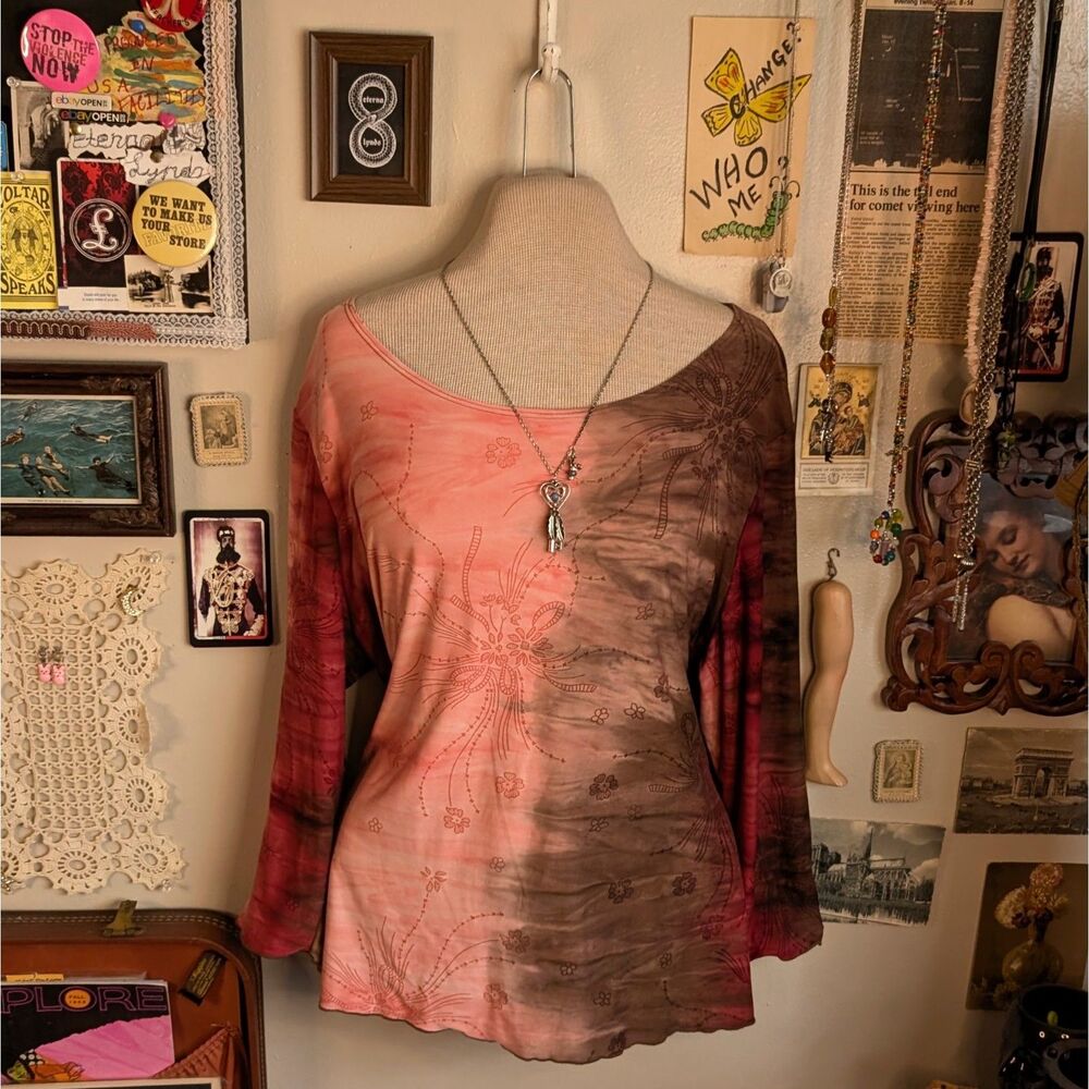 Vintage Fairy Grunge Blouse Women's 1X/2XL Pink Brown Floral